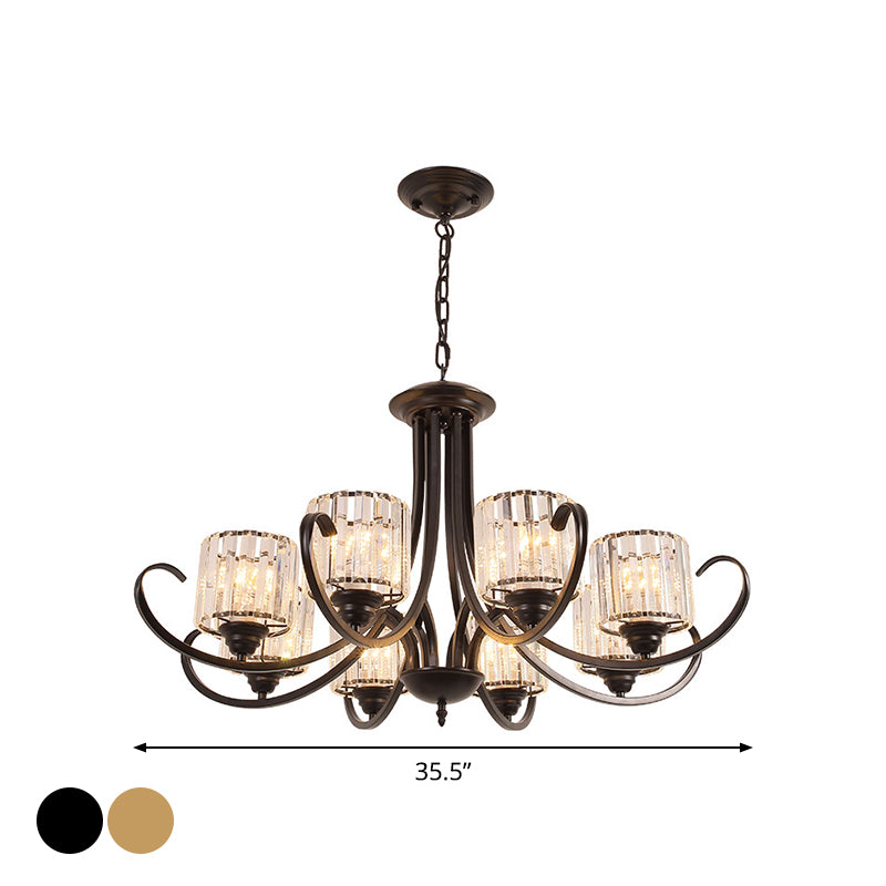 Cylinder Living Room Chandelier Vintage Clear Crystal 6/8 Heads Black/Gold Pendant Lighting with Scroll Arm Clearhalo 'Ceiling Lights' 'Chandeliers' Lighting' options 1969848