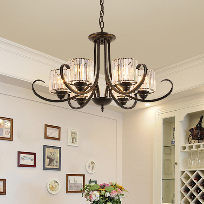 Cylinder Living Room Chandelier Vintage Clear Crystal 6/8 Heads Black/Gold Pendant Lighting with Scroll Arm Clearhalo 'Ceiling Lights' 'Chandeliers' Lighting' options 1969849