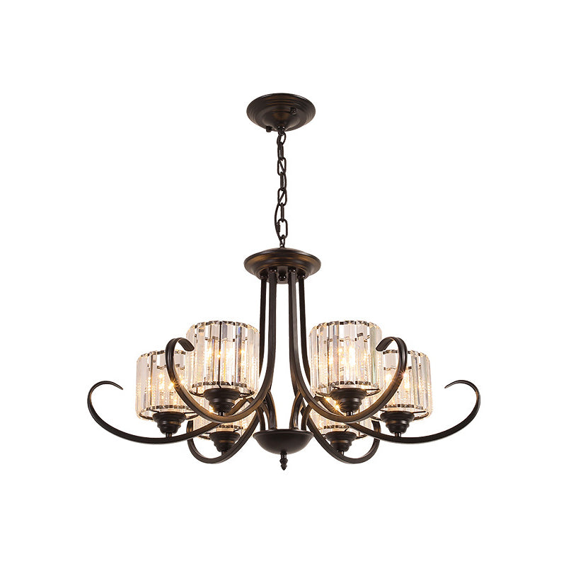 Cylinder Living Room Chandelier Vintage Clear Crystal 6/8 Heads Black/Gold Pendant Lighting with Scroll Arm Clearhalo 'Ceiling Lights' 'Chandeliers' Lighting' options 1969850