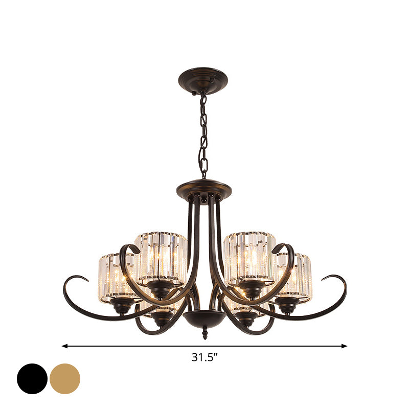 Cylinder Living Room Chandelier Vintage Clear Crystal 6/8 Heads Black/Gold Pendant Lighting with Scroll Arm Clearhalo 'Ceiling Lights' 'Chandeliers' Lighting' options 1969851