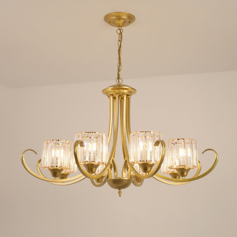 Cylinder Living Room Chandelier Vintage Clear Crystal 6/8 Heads Black/Gold Pendant Lighting with Scroll Arm Clearhalo 'Ceiling Lights' 'Chandeliers' Lighting' options 1969852