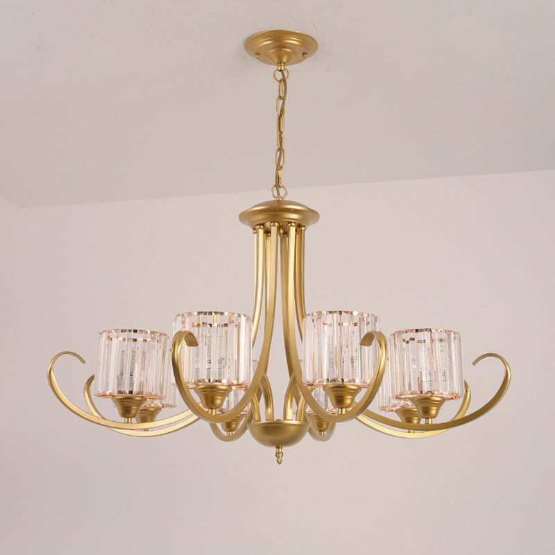 Cylinder Living Room Chandelier Vintage Clear Crystal 6/8 Heads Black/Gold Pendant Lighting with Scroll Arm Clearhalo 'Ceiling Lights' 'Chandeliers' Lighting' options 1969853