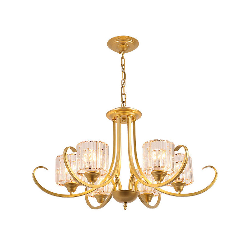 Cylinder Living Room Chandelier Vintage Clear Crystal 6/8 Heads Black/Gold Pendant Lighting with Scroll Arm 6 Gold Clear Clearhalo 'Ceiling Lights' 'Chandeliers' Lighting' options 1969855_d086324f-652d-488f-87e0-b59ce762b5b8