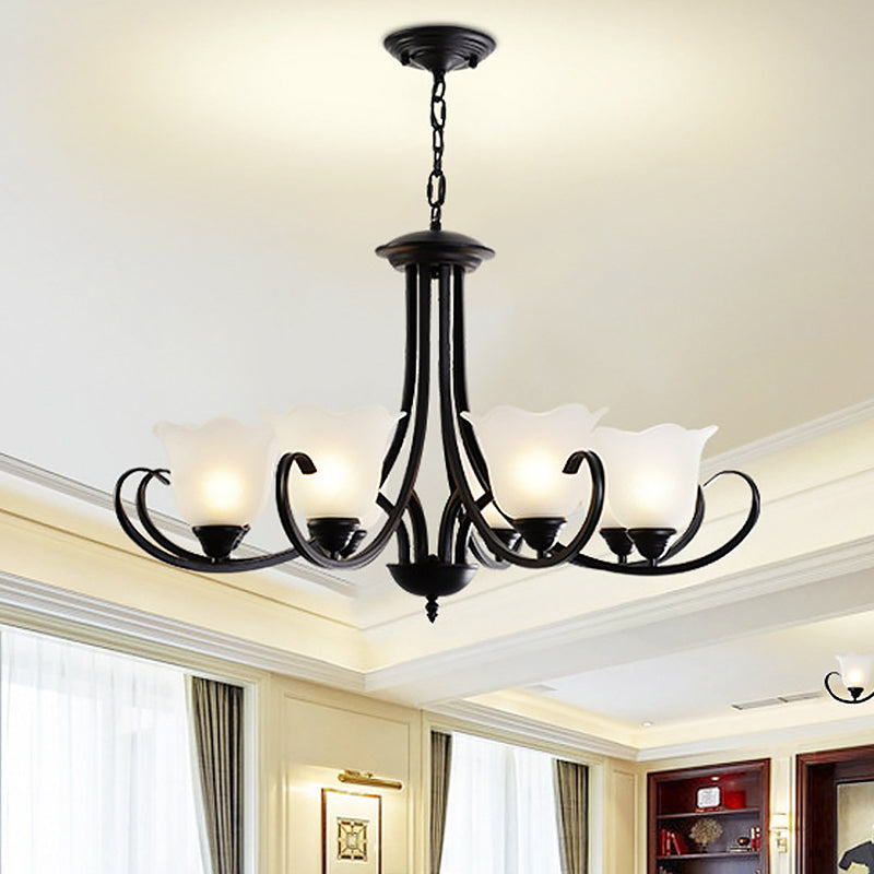 Opal Frosted Glass Black Chandelier Floral 3/8/9-Light Farmhouse Ceiling Pendant Lamp with Scrolling Arm Clearhalo 'Ceiling Lights' 'Chandeliers' Lighting' options 1969856