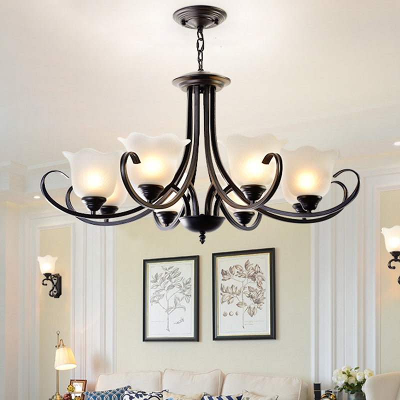 Opal Frosted Glass Black Chandelier Floral 3/8/9-Light Farmhouse Ceiling Pendant Lamp with Scrolling Arm Clearhalo 'Ceiling Lights' 'Chandeliers' Lighting' options 1969857