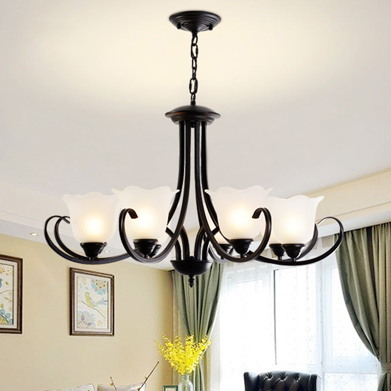 Opal Frosted Glass Black Chandelier Floral 3/8/9-Light Farmhouse Ceiling Pendant Lamp with Scrolling Arm Clearhalo 'Ceiling Lights' 'Chandeliers' Lighting' options 1969858