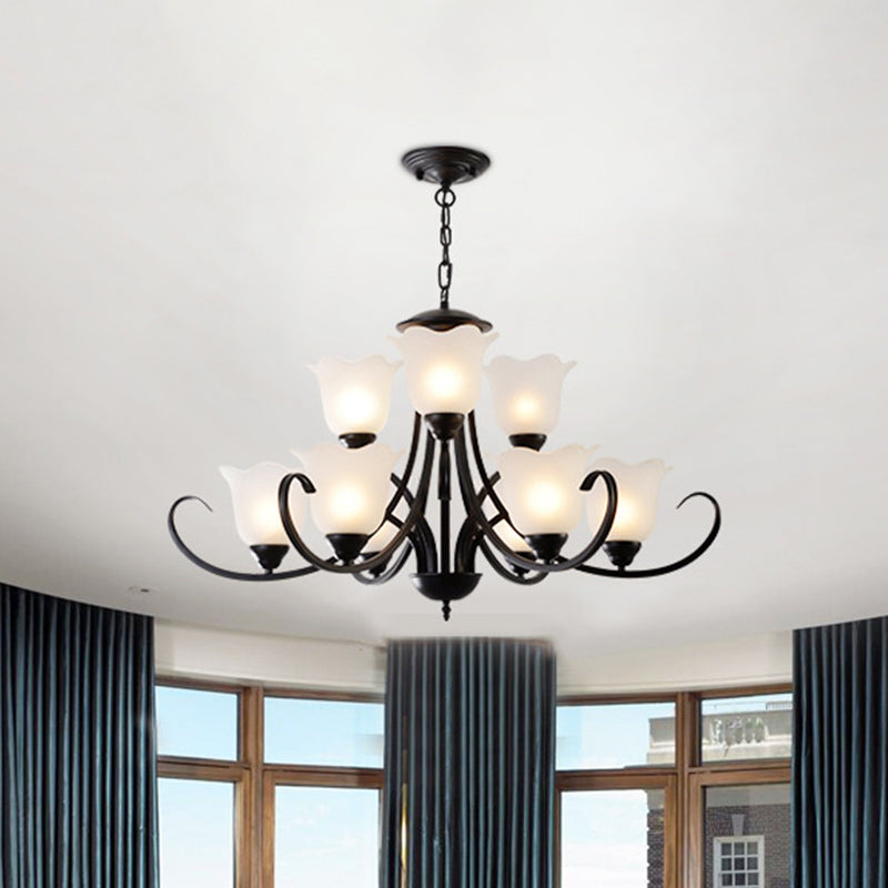 Opal Frosted Glass Black Chandelier Floral 3/8/9-Light Farmhouse Ceiling Pendant Lamp with Scrolling Arm Clearhalo 'Ceiling Lights' 'Chandeliers' Lighting' options 1969861