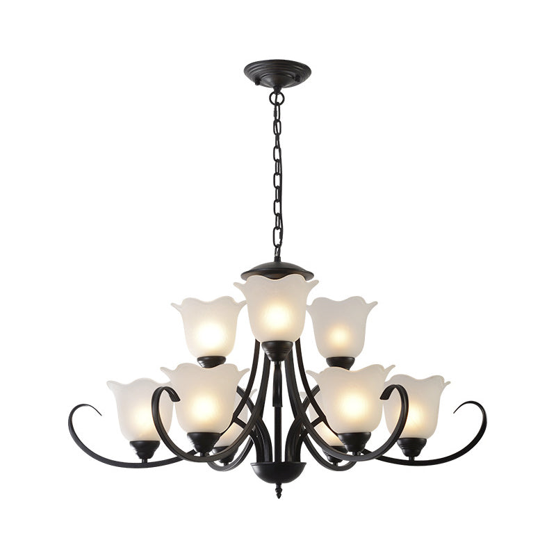 Opal Frosted Glass Black Chandelier Floral 3/8/9-Light Farmhouse Ceiling Pendant Lamp with Scrolling Arm Clearhalo 'Ceiling Lights' 'Chandeliers' Lighting' options 1969862