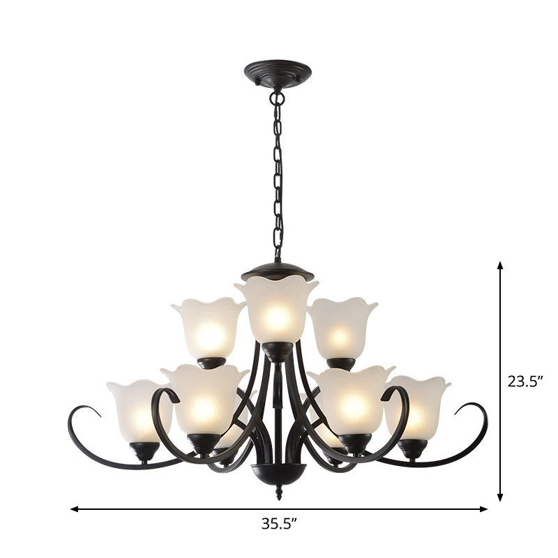 Opal Frosted Glass Black Chandelier Floral 3/8/9-Light Farmhouse Ceiling Pendant Lamp with Scrolling Arm Clearhalo 'Ceiling Lights' 'Chandeliers' Lighting' options 1969863