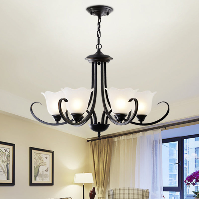 Opal Frosted Glass Black Chandelier Floral 3/8/9-Light Farmhouse Ceiling Pendant Lamp with Scrolling Arm Clearhalo 'Ceiling Lights' 'Chandeliers' Lighting' options 1969864