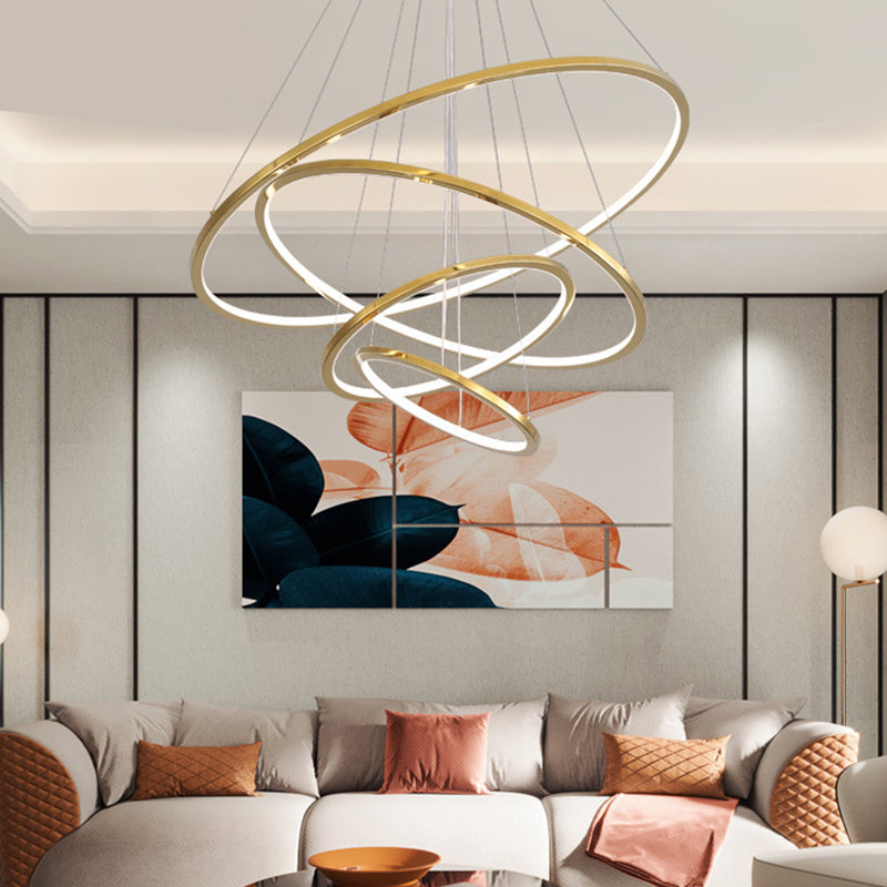 Minimalist 3/5 Tiers LED Pendant Lighting Stainless Steel Living Room  Extra-Slim Hoop Chandelier in Gold