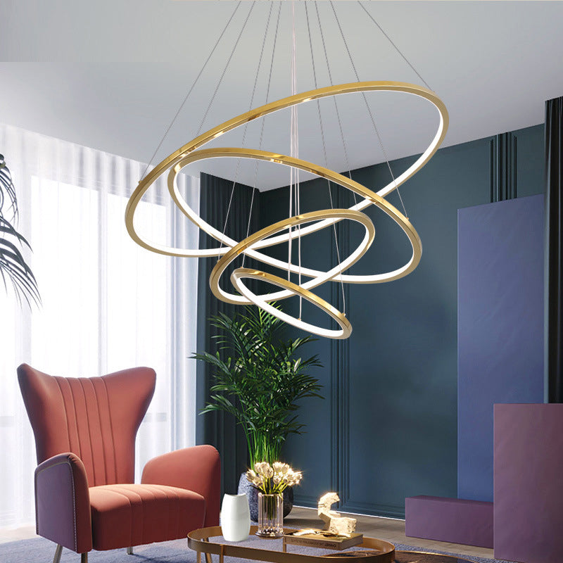 Minimalist 3/5 Tiers LED Pendant Lighting Stainless Steel Living Room  Extra-Slim Hoop Chandelier in Gold