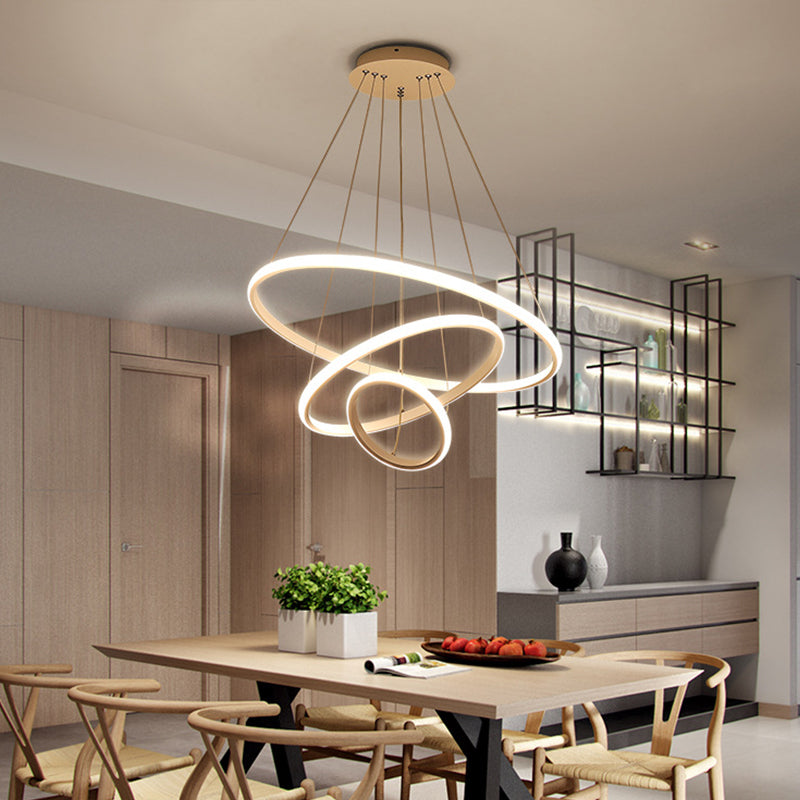 White/Coffee Circle Small/Large Chandelier Minimalist 3-Head Acrylic LED Ceiling Suspension Lamp Clearhalo 'Ceiling Lights' 'Chandeliers' 'Modern Chandeliers' 'Modern' Lighting' 1969983