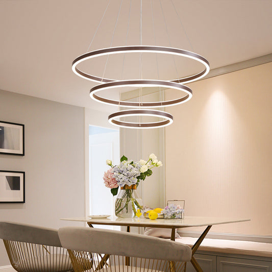 Brown 2/3/4 Tiers Ring Chandelier Minimalism Acrylic LED Hanging Light Fixture for Dining Room Brown 3 Tiers Clearhalo 'Ceiling Lights' 'Chandeliers' 'Modern Chandeliers' 'Modern' Lighting' 1970104