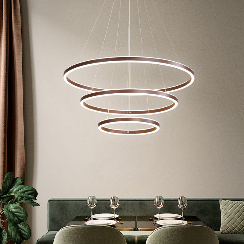 Brown 2/3/4 Tiers Ring Chandelier Minimalism Acrylic LED Hanging Light Fixture for Dining Room Clearhalo 'Ceiling Lights' 'Chandeliers' 'Modern Chandeliers' 'Modern' Lighting' 1970106