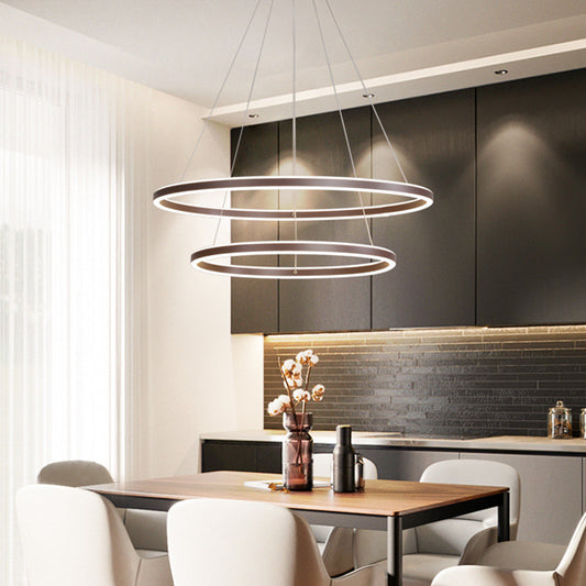 Brown 2/3/4 Tiers Ring Chandelier Minimalism Acrylic LED Hanging Light Fixture for Dining Room Brown 2 Tiers Clearhalo 'Ceiling Lights' 'Chandeliers' 'Modern Chandeliers' 'Modern' Lighting' 1970109