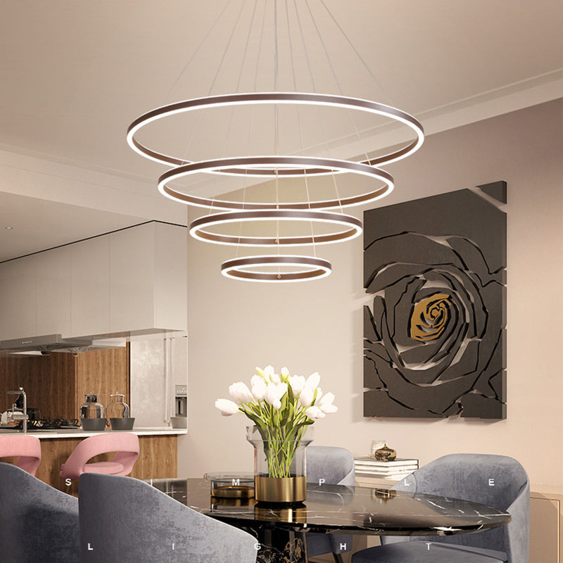 Brown 2/3/4 Tiers Ring Chandelier Minimalism Acrylic LED Hanging Light Fixture for Dining Room Brown 4 Tiers Clearhalo 'Ceiling Lights' 'Chandeliers' 'Modern Chandeliers' 'Modern' Lighting' 1970113