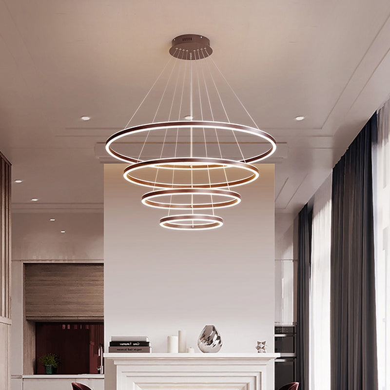 Brown 2/3/4 Tiers Ring Chandelier Minimalism Acrylic LED Hanging Light Fixture for Dining Room Clearhalo 'Ceiling Lights' 'Chandeliers' 'Modern Chandeliers' 'Modern' Lighting' 1970114