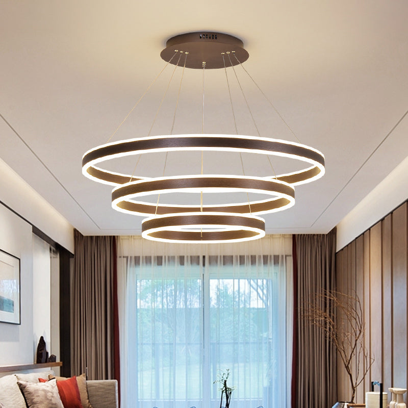 Simplicity 2/3-Tier Hanging Pendant Metal Sitting Room LED Circle Chandelier Lamp in Coffee Coffee 3 Tiers Clearhalo 'Ceiling Lights' 'Chandeliers' 'Modern Chandeliers' 'Modern' Lighting' 1970117