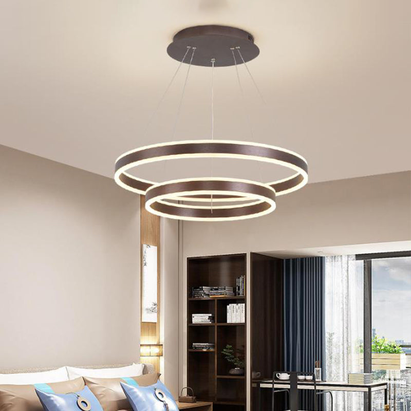 Simplicity 2/3-Tier Hanging Pendant Metal Sitting Room LED Circle Chandelier Lamp in Coffee Coffee 2 Tiers Clearhalo 'Ceiling Lights' 'Chandeliers' 'Modern Chandeliers' 'Modern' Lighting' 1970122