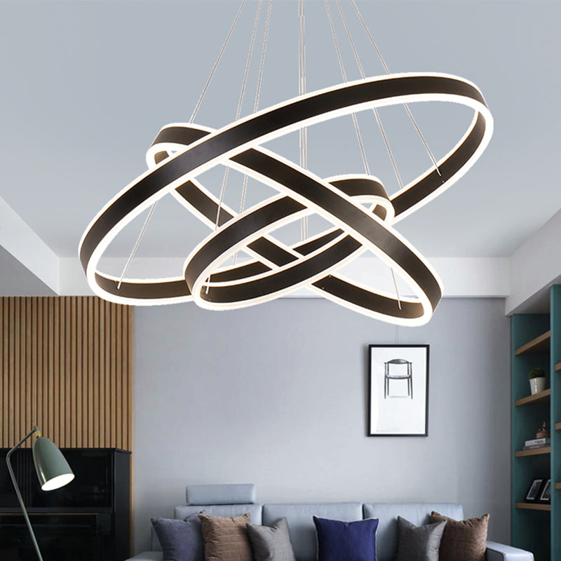 2/3-Tier Bedroom Ceiling Pendant Aluminum Modernist LED Hoop Hanging Chandelier in Black Black 3 Tiers Clearhalo 'Ceiling Lights' 'Chandeliers' 'Modern Chandeliers' 'Modern' Lighting' 1970156