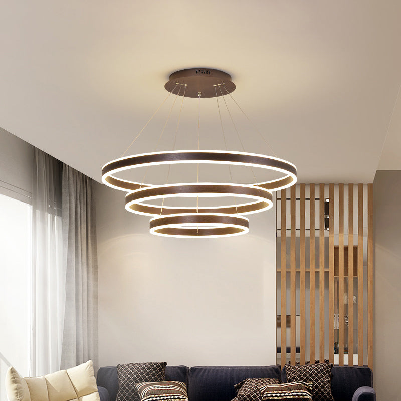 Minimalistic LED Ceiling Hang Lamp Black/Gold/Coffee 3 Tiered Circle Chandelier with Acrylic Shade Clearhalo 'Ceiling Lights' 'Chandeliers' 'Modern Chandeliers' 'Modern' Lighting' 1970181