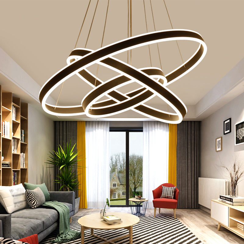 Minimalistic LED Ceiling Hang Lamp Black/Gold/Coffee 3 Tiered Circle Chandelier with Acrylic Shade Black Clearhalo 'Ceiling Lights' 'Chandeliers' 'Modern Chandeliers' 'Modern' Lighting' 1970184