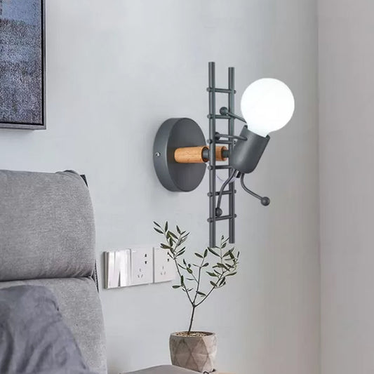 Grey/White and Wood Ladder Man Wall Sconce Cartoon 1-Bulb Metallic Wall Mounted Light Fixture Clearhalo 'Wall Lamps & Sconces' 'Wall Lights' Lighting' 1970280