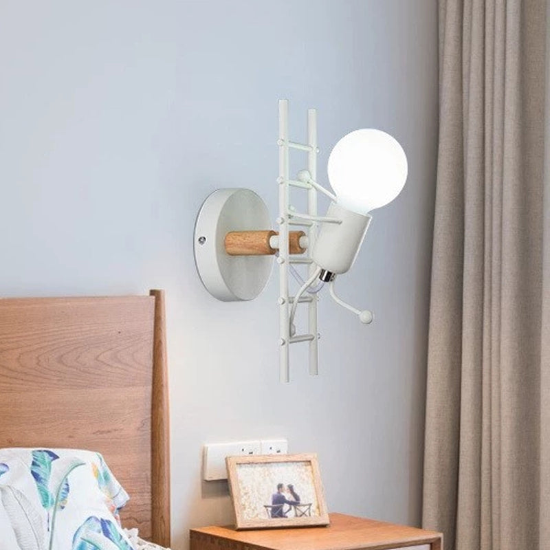 Grey/White and Wood Ladder Man Wall Sconce Cartoon 1-Bulb Metallic Wall Mounted Light Fixture White Clearhalo 'Wall Lamps & Sconces' 'Wall Lights' Lighting' 1970284