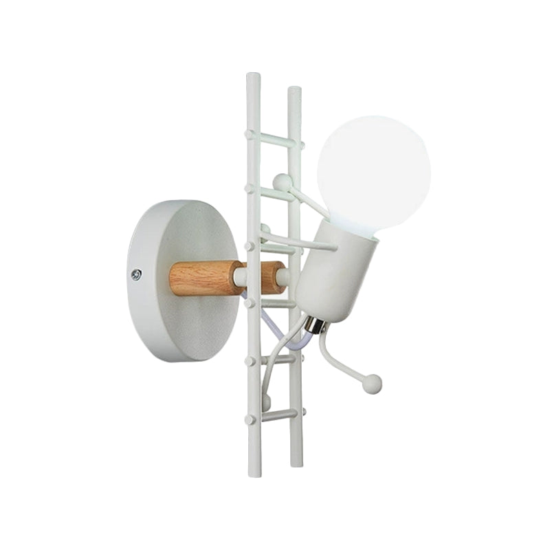 Grey/White and Wood Ladder Man Wall Sconce Cartoon 1-Bulb Metallic Wall Mounted Light Fixture Clearhalo 'Wall Lamps & Sconces' 'Wall Lights' Lighting' 1970285