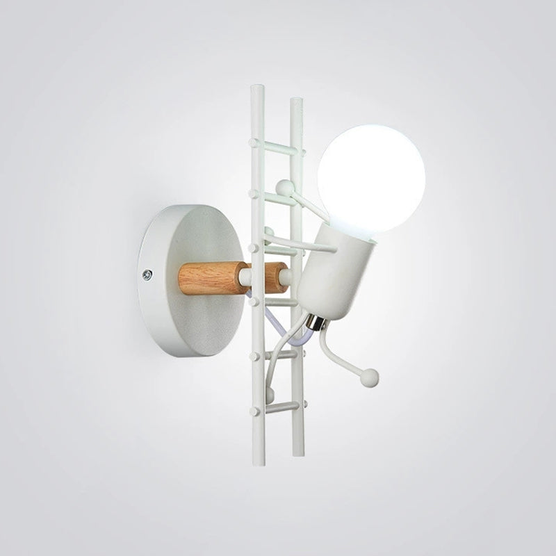 Grey/White and Wood Ladder Man Wall Sconce Cartoon 1-Bulb Metallic Wall Mounted Light Fixture Clearhalo 'Wall Lamps & Sconces' 'Wall Lights' Lighting' 1970286