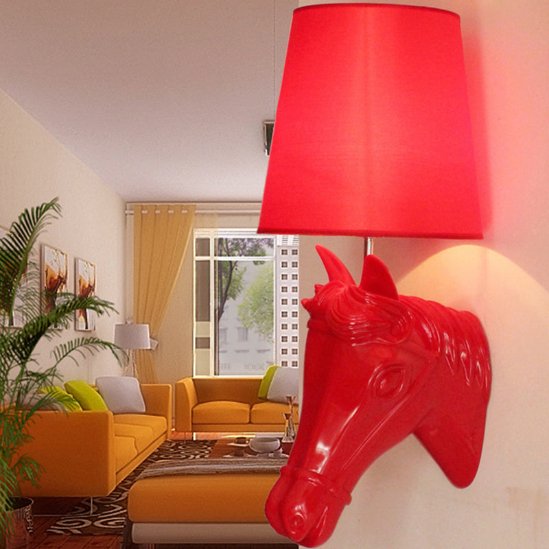 Resin Horse Head Wall Lamp Artistic 1-Bulb Black/White/Red Wall Sconce Light with Tapered Fabric Shade for Living Room Red Clearhalo 'Wall Lamps & Sconces' 'Wall Lights' Lighting' 1970352