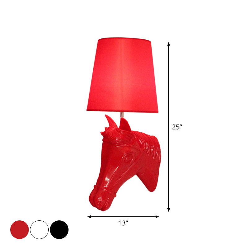 Resin Horse Head Wall Lamp Artistic 1-Bulb Black/White/Red Wall Sconce Light with Tapered Fabric Shade for Living Room Clearhalo 'Wall Lamps & Sconces' 'Wall Lights' Lighting' 1970356