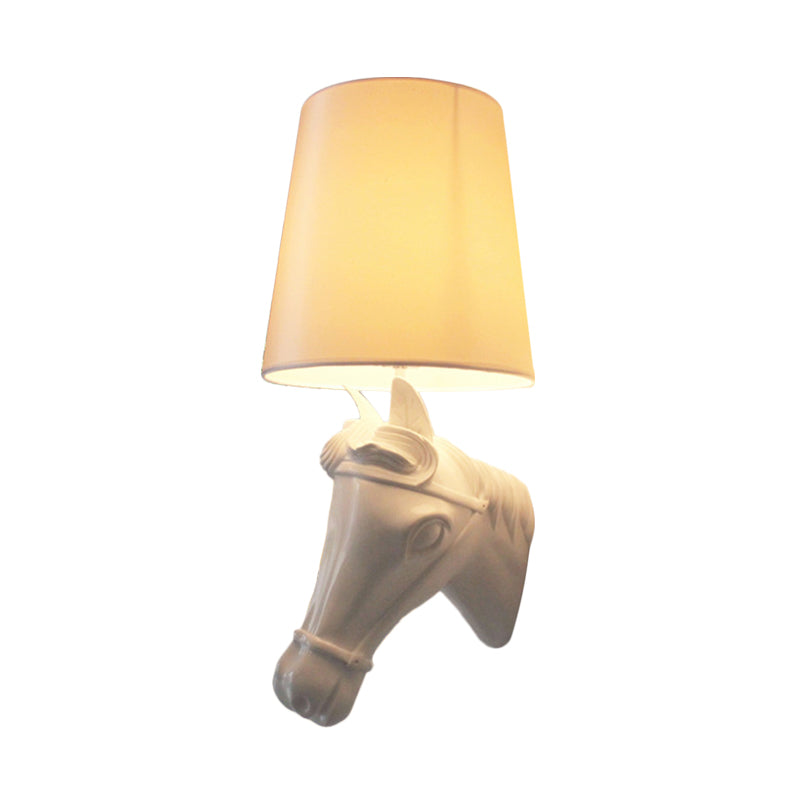 Resin Horse Head Wall Lamp Artistic 1-Bulb Black/White/Red Wall Sconce Light with Tapered Fabric Shade for Living Room Clearhalo 'Wall Lamps & Sconces' 'Wall Lights' Lighting' 1970358