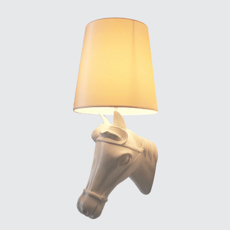 Resin Horse Head Wall Lamp Artistic 1-Bulb Black/White/Red Wall Sconce Light with Tapered Fabric Shade for Living Room Clearhalo 'Wall Lamps & Sconces' 'Wall Lights' Lighting' 1970359