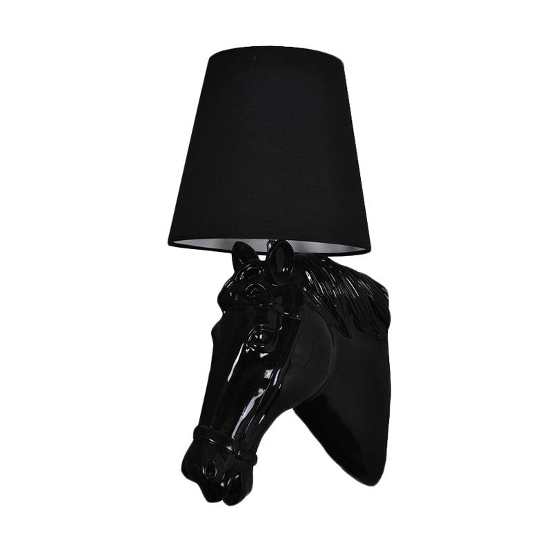 Resin Horse Head Wall Lamp Artistic 1-Bulb Black/White/Red Wall Sconce Light with Tapered Fabric Shade for Living Room Black Clearhalo 'Wall Lamps & Sconces' 'Wall Lights' Lighting' 1970360