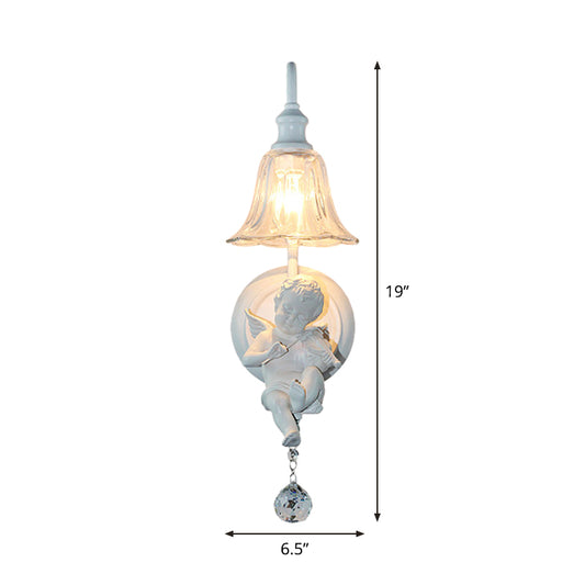 Cream Angel Wall Light Decorative 1-Head Resin Wall Mounted Lamp with Flower Clear Glass Shade and Crystal Orb Clearhalo 'Wall Lamps & Sconces' 'Wall Lights' Lighting' 1970373