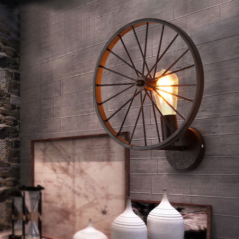 Wheel Wall Sconce Lighting Decorative Metallic 1-Head Cafe Wall Mounted Light in Black Black Clearhalo 'Wall Lamps & Sconces' 'Wall Lights' Lighting' 1970384