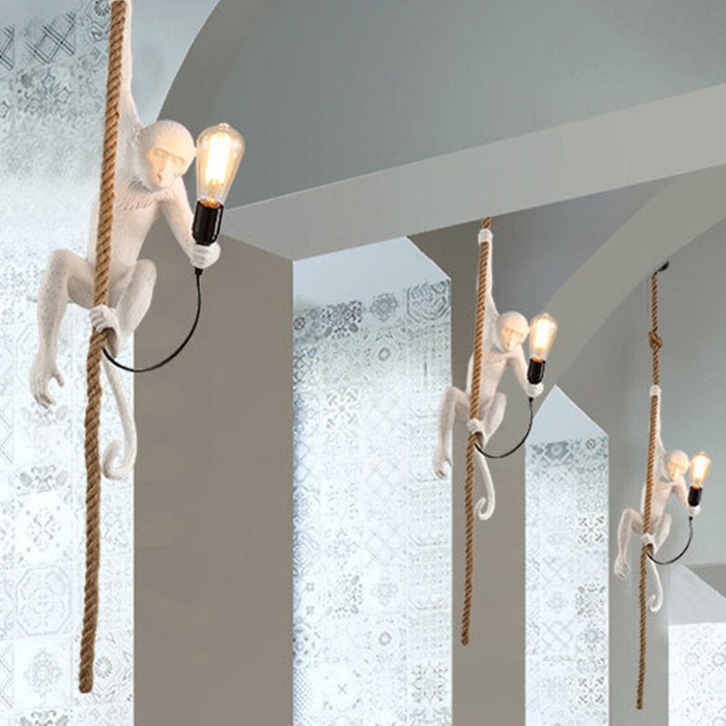 Resin Monkey Hanging Ceiling Light Modern 1-Light White Pendant Lamp with Rope Cord White Clearhalo 'Ceiling Lights' 'Pendant Lights' 'Pendants' Lighting' 1970429_58877715-e7bd-4548-ab13-4e9c713db2a9