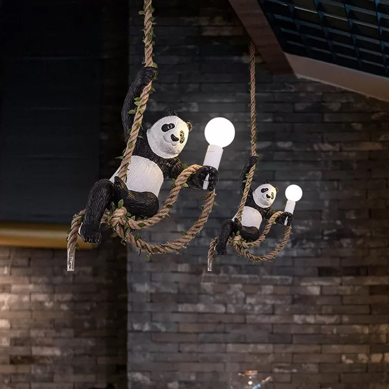 White and Black Panda Hanging Lamp Artistic 1-Bulb Rope Pendant Ceiling Light for Restaurant Clearhalo 'Ceiling Lights' 'Pendant Lights' 'Pendants' Lighting' 1970435