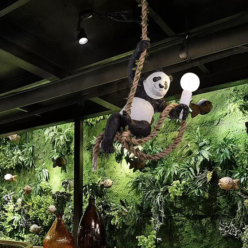 White and Black Panda Hanging Lamp Artistic 1-Bulb Rope Pendant Ceiling Light for Restaurant Clearhalo 'Ceiling Lights' 'Pendant Lights' 'Pendants' Lighting' 1970436