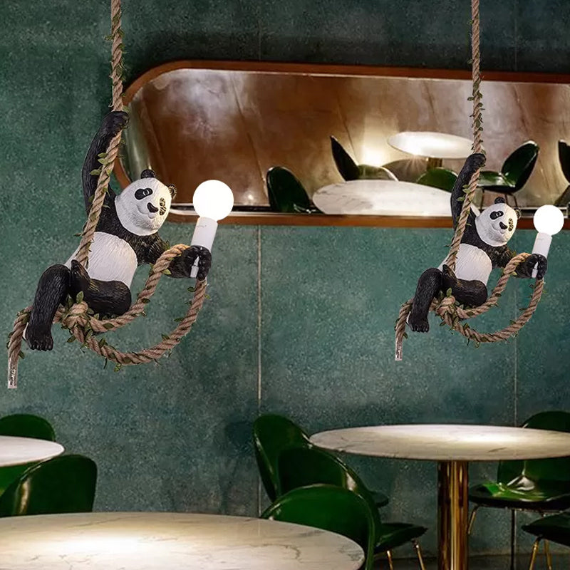 White and Black Panda Hanging Lamp Artistic 1-Bulb Rope Pendant Ceiling Light for Restaurant Clearhalo 'Ceiling Lights' 'Pendant Lights' 'Pendants' Lighting' 1970437