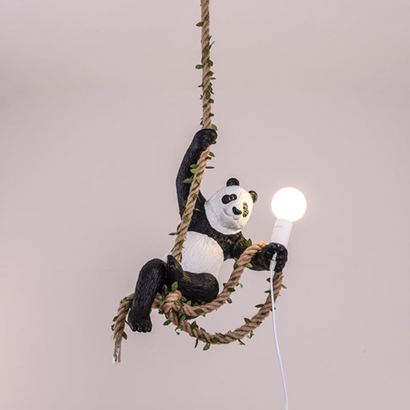 White and Black Panda Hanging Lamp Artistic 1-Bulb Rope Pendant Ceiling Light for Restaurant Clearhalo 'Ceiling Lights' 'Pendant Lights' 'Pendants' Lighting' 1970439