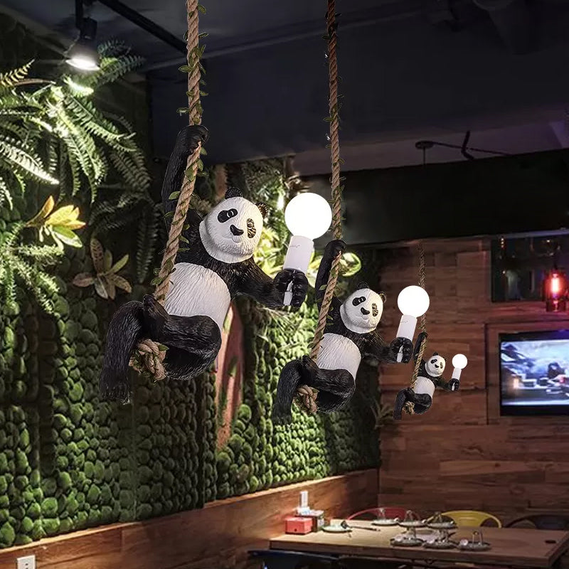 White and Black Panda Hanging Lamp Artistic 1-Bulb Rope Pendant Ceiling Light for Restaurant Clearhalo 'Ceiling Lights' 'Pendant Lights' 'Pendants' Lighting' 1970441