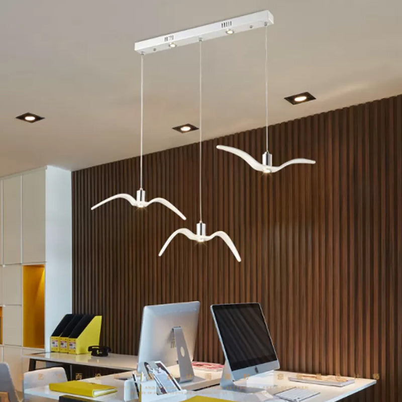 Artistry Seagull Multi Light Pendant Metallic 3 Lights Bedroom Hanging Ceiling Light in White/Black with Round/Linear Canopy White Linear Clearhalo 'Ceiling Lights' 'Pendant Lights' 'Pendants' Lighting' 1970454_6320f2fb-a789-469f-b7c2-73fc325a325d