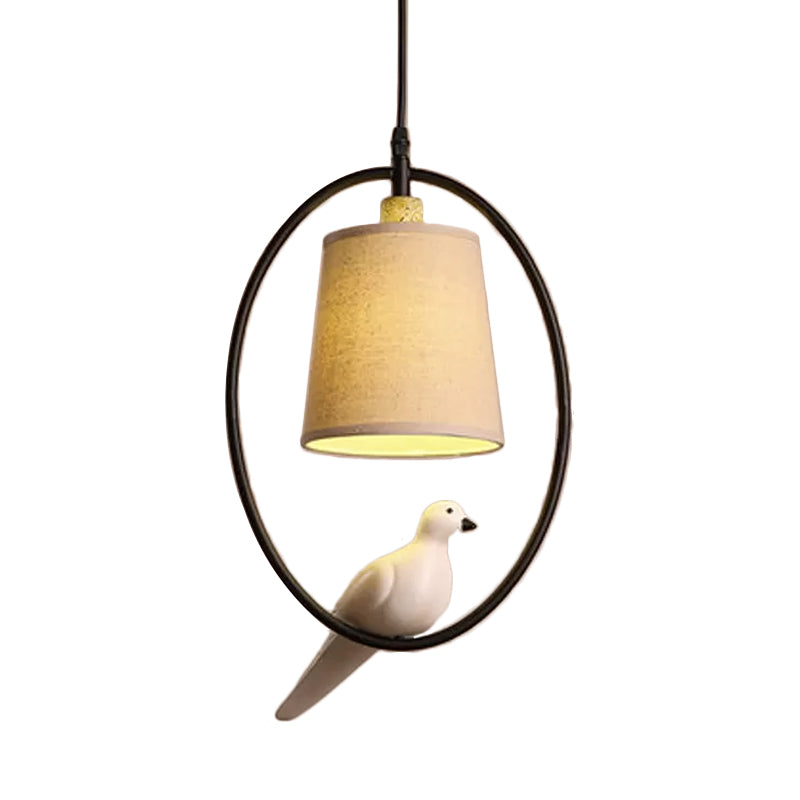 Cone Pendant Ceiling Light Artistic Fabric 1-Light White/Black Hanging Light with Bird Decor and Oval Frame Clearhalo 'Ceiling Lights' 'Pendant Lights' 'Pendants' Lighting' 1970517