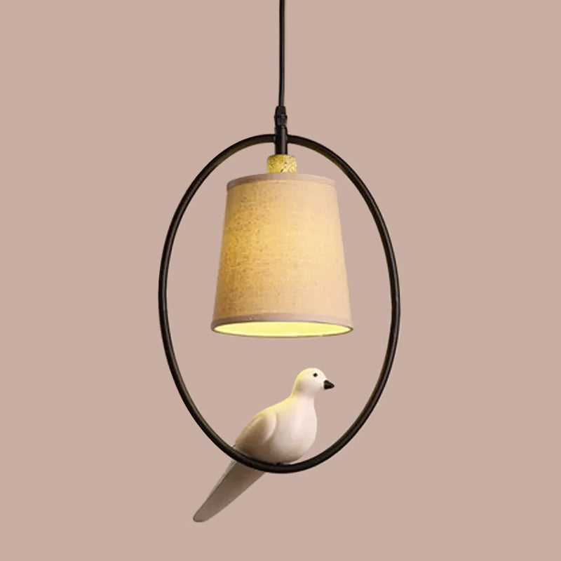 Cone Pendant Ceiling Light Artistic Fabric 1-Light White/Black Hanging Light with Bird Decor and Oval Frame Clearhalo 'Ceiling Lights' 'Pendant Lights' 'Pendants' Lighting' 1970518