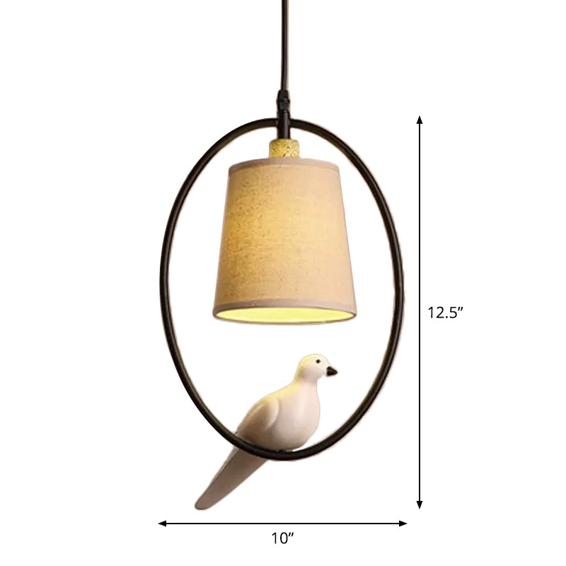 Cone Pendant Ceiling Light Artistic Fabric 1-Light White/Black Hanging Light with Bird Decor and Oval Frame Clearhalo 'Ceiling Lights' 'Pendant Lights' 'Pendants' Lighting' 1970520