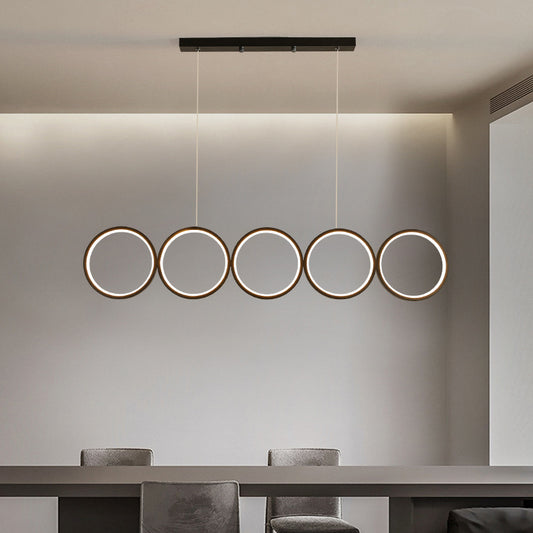 Black 5-Ring Hanging Island Light Simple Metal LED Ceiling Pendant over Table, Warm/White Light Clearhalo 'Ceiling Lights' 'Island Lights' Lighting' 1970673