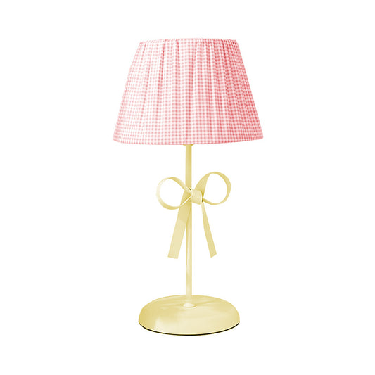 Pink Plaid Shade Desk Light 1 Head Lovely Fabric Study Light with Bow for Dormitory Bedroom Clearhalo 'Lamps' 'Table Lamps' Lighting' 197087